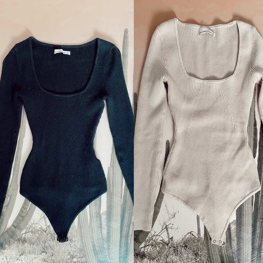 Two Abercrombie ribbed bodysuits, black and tan
